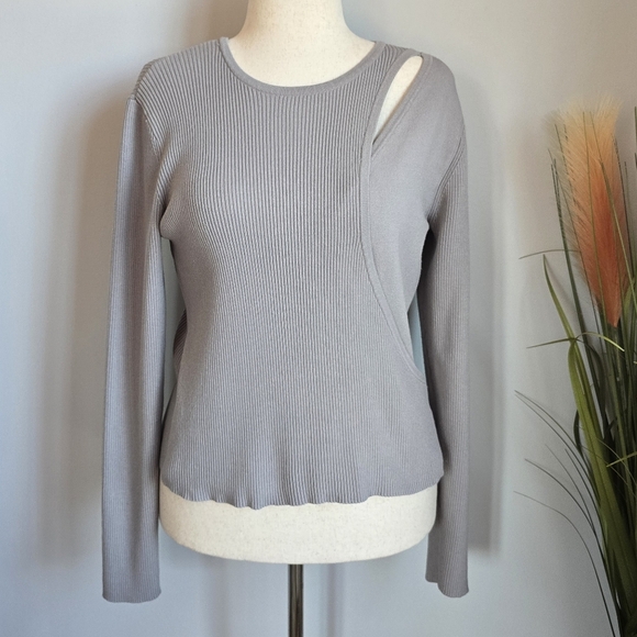 Revolve, 525 America Gray Layered Cut Out Ribbed Wrap Sweater Top, Size Large - Picture 11 of 11